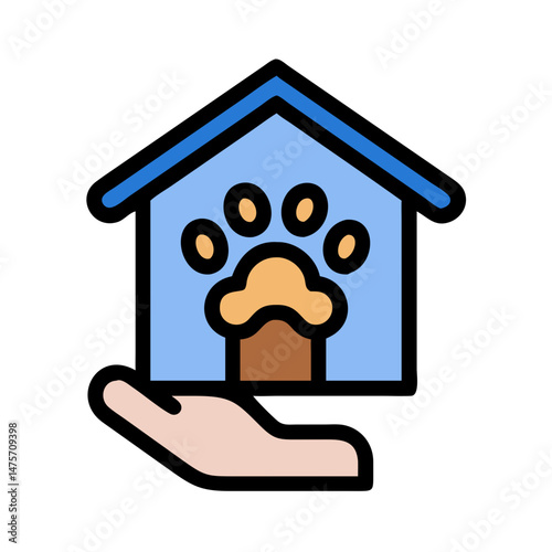 Hand holding dog house with paw print protection concept