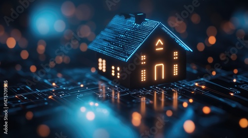 Glowing digital house model on a circuit board with bokeh lights in the background at night time