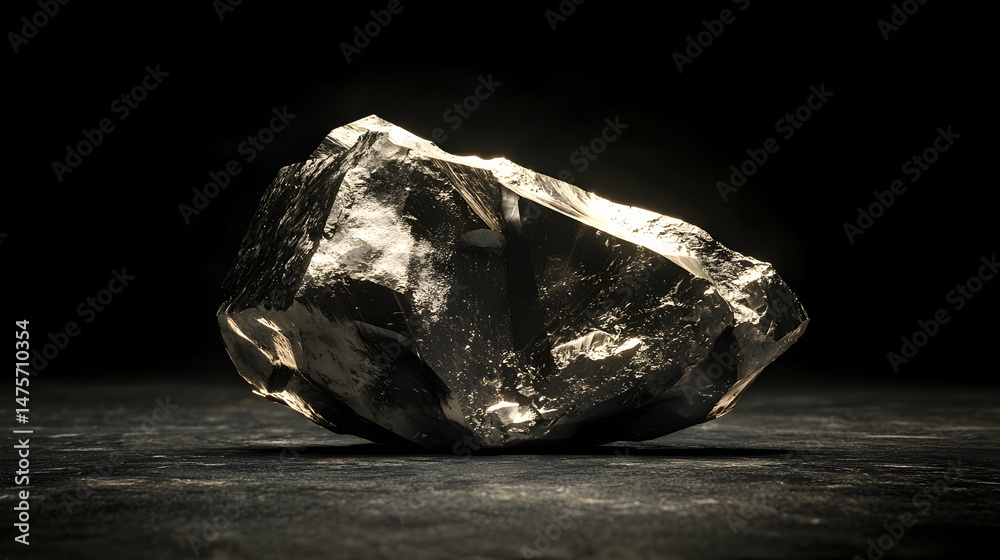 Naklejka premium Luminous grey rock on dark surface, studio shot, geological study background