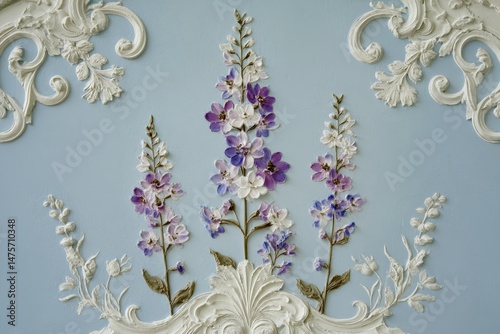 Ornate floral design on a light blue background. photo