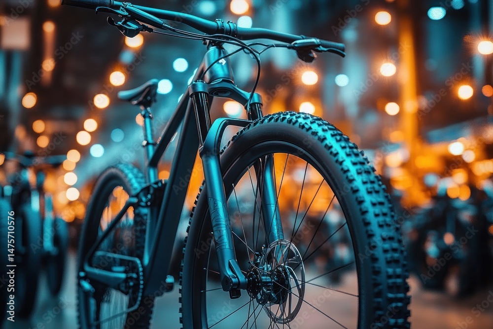 Obraz premium Close-up of a modern mountain bike with wide knobby tires and sleek frame in an urban setting with bright bokeh lights creating a dynamic and vibrant atmosphere