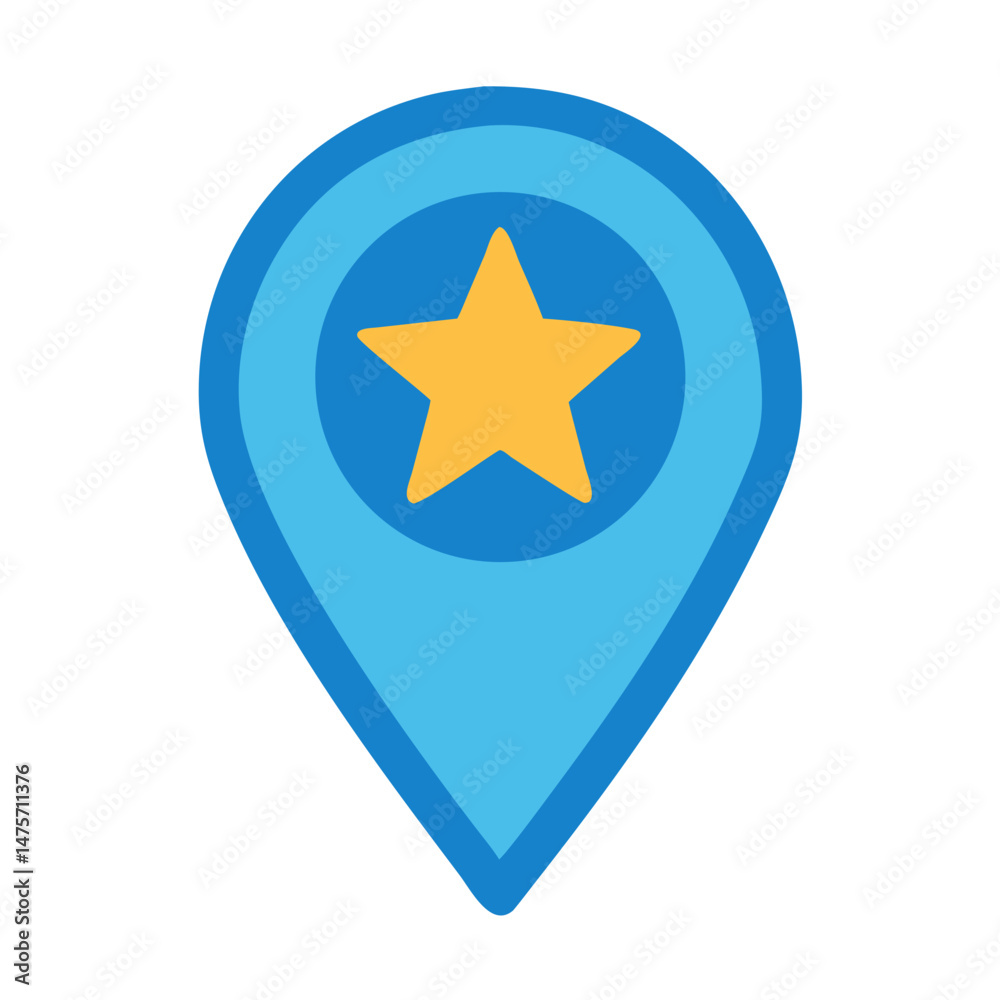 Blue location marker icon with a yellow star inside Blue location marker icon with a yellow star inside