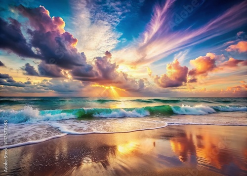 Double Exposure: Serene Beach Sky, Ocean Waves