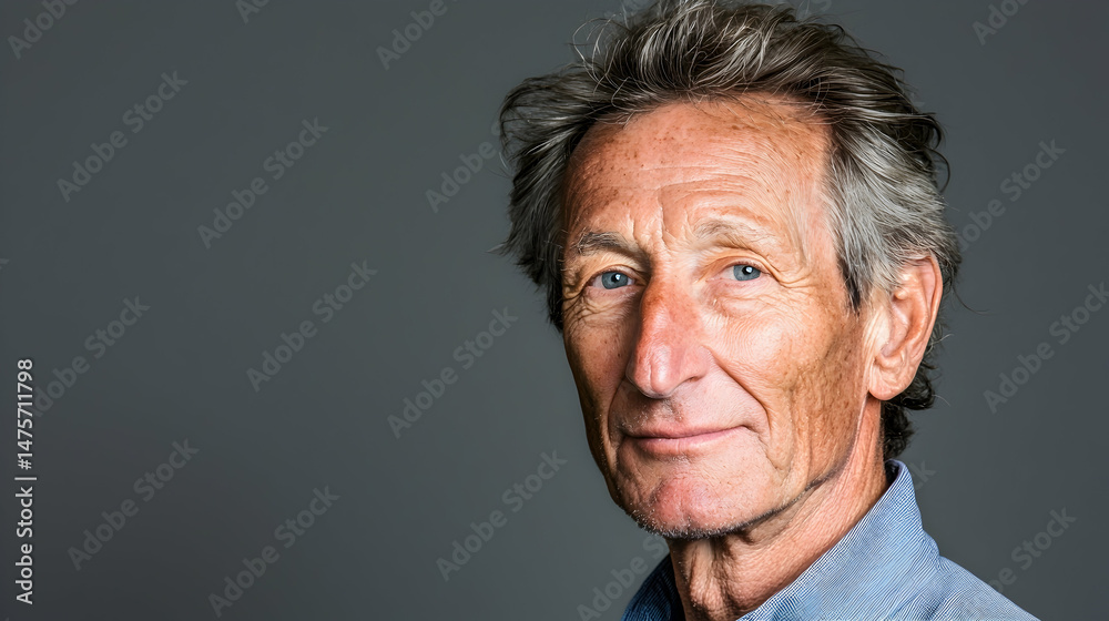 Obraz premium Mature man portrait, serious expression, grey background, studio shot, professional headshot