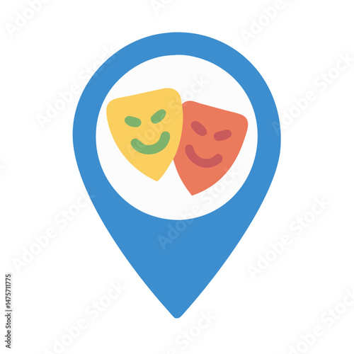 Theater location pin with comedy and tragedy masks icon