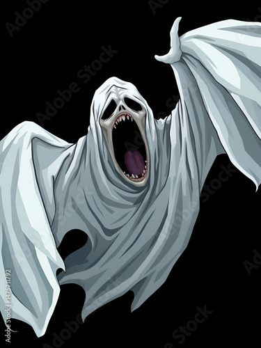 Scary, dreadful, frightening and scary spook and ghost in white sheets is screaming and flying. Horror and creepy creature and monster. Vector illustration isolated on black.