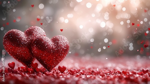 Two sparkling red hearts surrounded by smaller hearts on a soft-focus background, capturing the essence of love and romance for various celebrations and seasons.