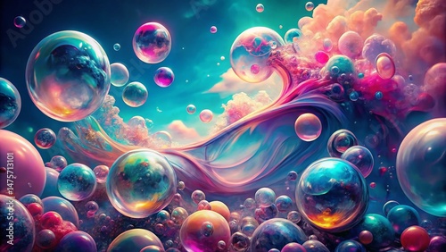 Dreamy Bubbles Floating in Vibrant Pink, Blue, and Turquoise Liquid - Abstract Fashion Photography