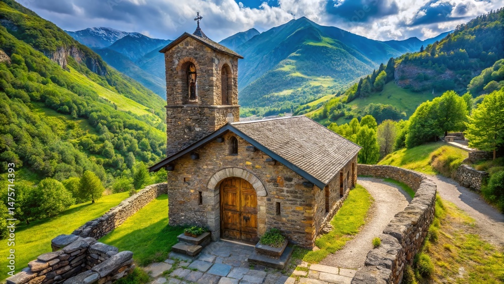Drone View: Rustic Church Entrance, Pyrenees Mountains, Andorra Drone View: Rustic Church Entrance, Pyrenees Mountains, Andorra