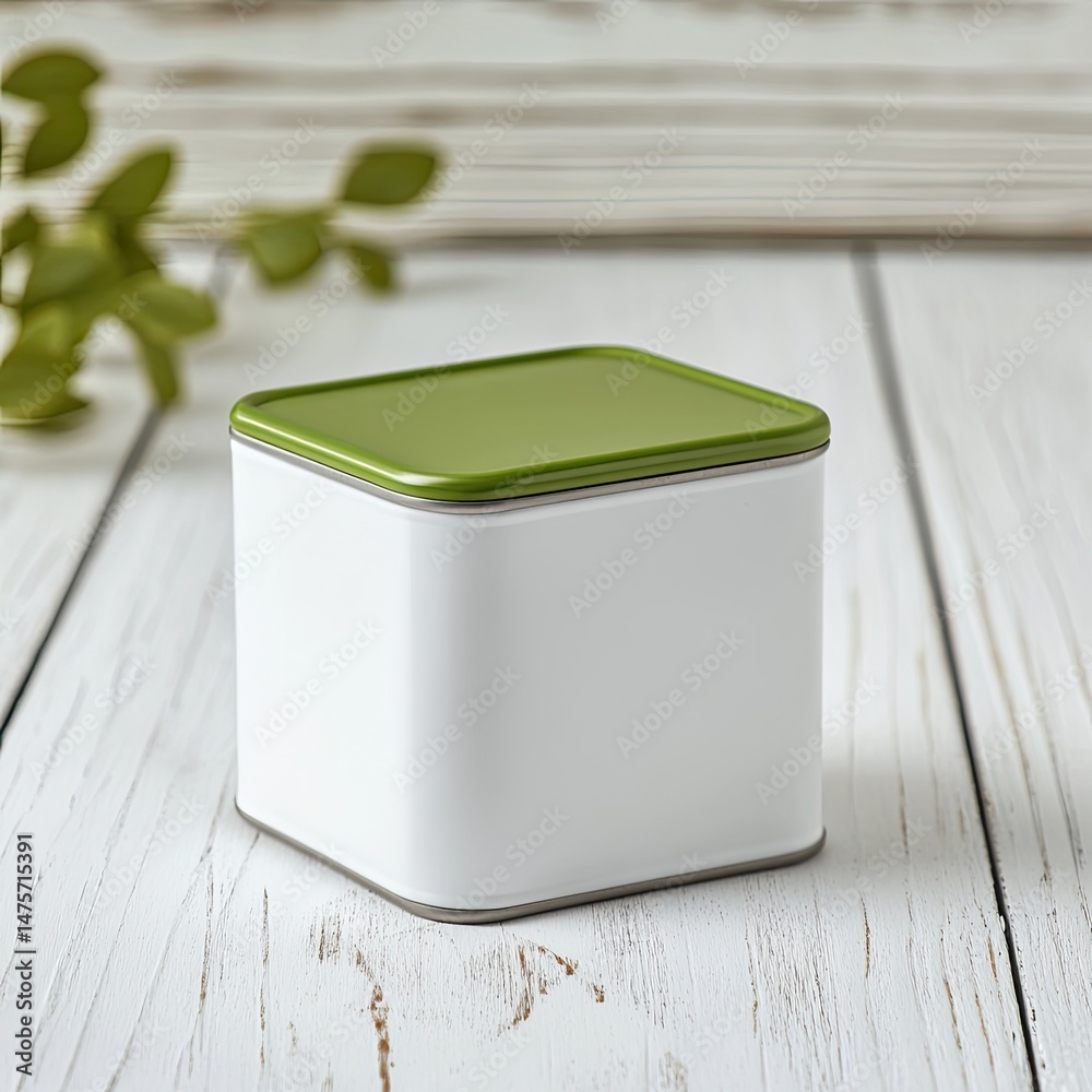 custom made wallpaper toronto digitalWhite square tin with olive green lid on wood (2)