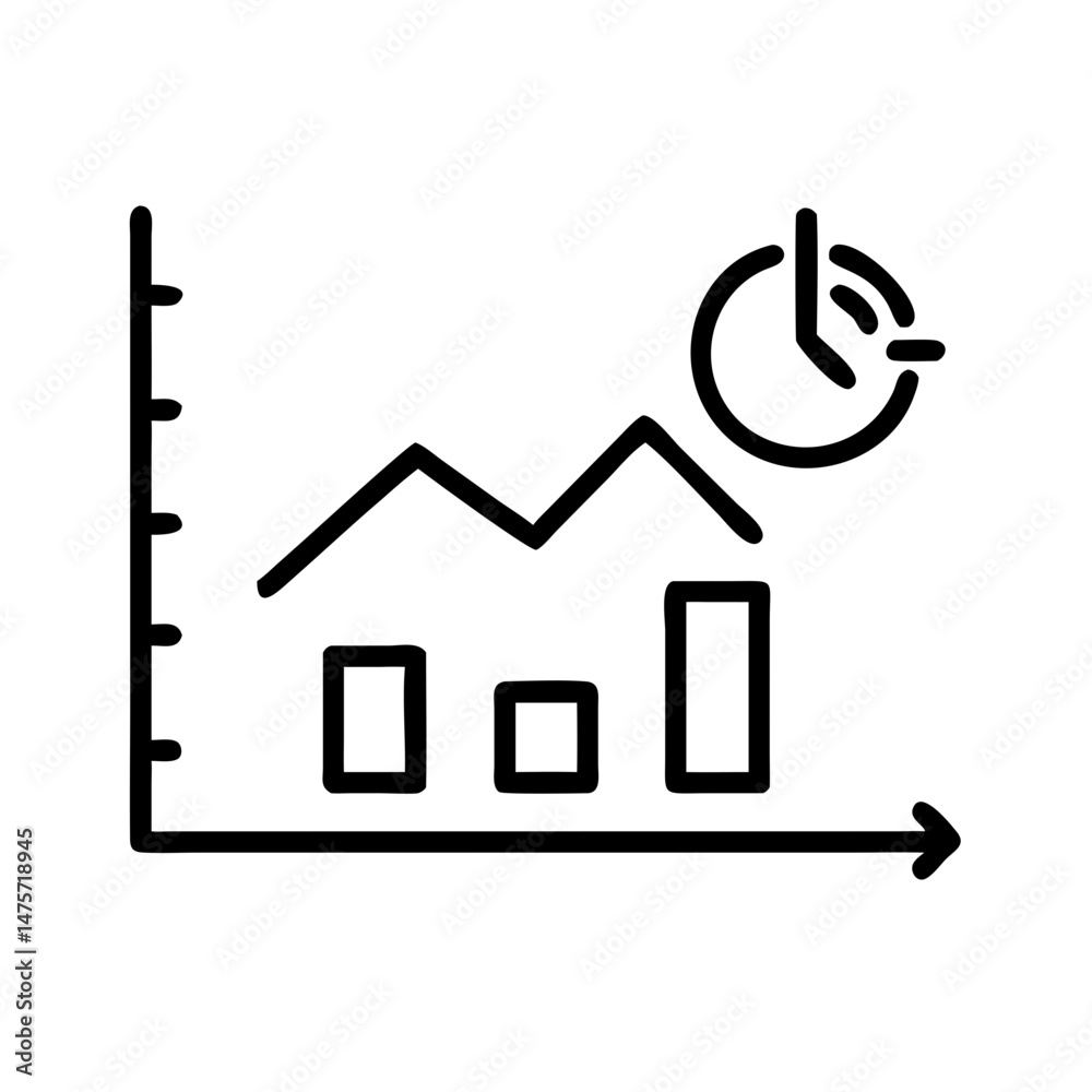 Graph showing growth trend with clock icon for analysis  