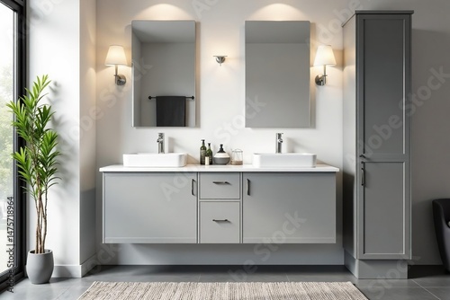 Sleek modern bathroom vanity with white countertop and grey cabinets Perfect for a contemporary bathroom design , renovation, sink