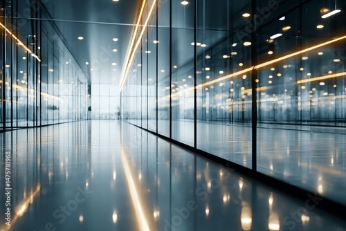 Modern Glass Corridor with Reflections and Ambient Lighting Design