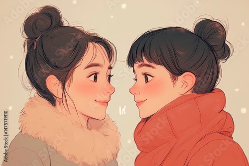Two young women sharing a joyful moment in winter attire, smiling at each other with warm expressions, against a soft snowy background, showcasing friendship and connection.