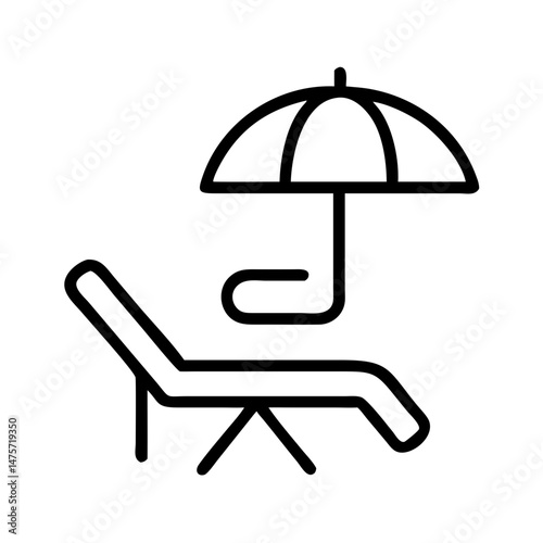 Line icon of beach chair with umbrella, summer vacation or relaxation concept, black and white outline symbol for holiday, travel or resort design
