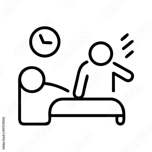 Line icon of doctor treating patient with shoulder pain, physical therapy or medical consultation concept, black and white outline for healthcare design