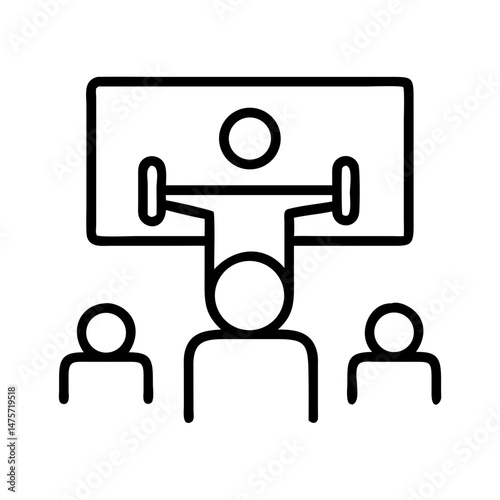 Line icon of group watching presentation with person lifting weights, motivational training or leadership concept, black and white outline for coaching