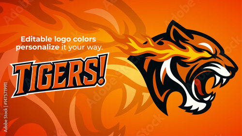 Fiery Tiger Mascot Logo with Flames – Aggressive Side View Vector Design for Sports and Esports Teams
