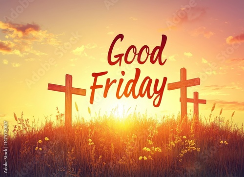 Beautiful sunset background with wooden crosses and text Good Friday symbolizing hope, faith, and spirituality in an outdoor setting