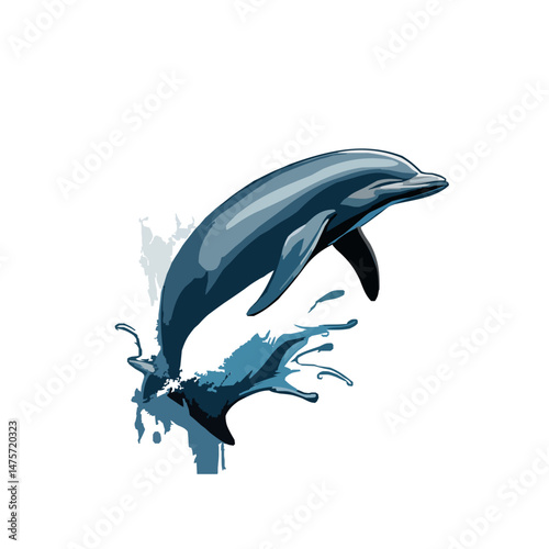 Vector illustration of a blue dolphin jumping out of water with a splash, dynamic marine wildlife art for themes of nature, ocean life, and freedom