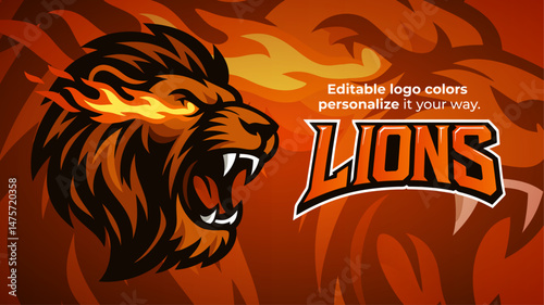 Flaming Lion Mascot Logo – Roaring Head Side View Vector for Esports and Sports Branding
