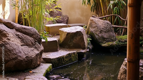 Tranquil Garden Courtyard with Water Feature and Stepping Stones