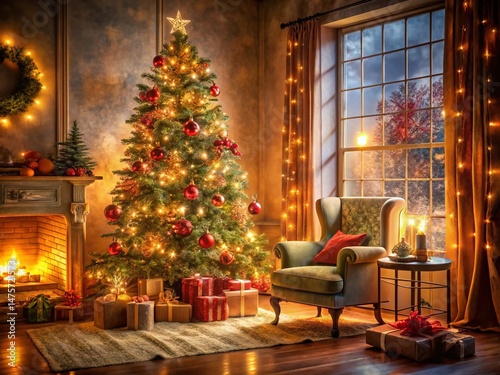 Festive Christmas Room Interior with Copy Space for Text or Logo - Double Exposure Effect