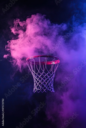 Wallpaper Mural Basketball hoop engulfed in vibrant pink and purple smoke against a dark background Torontodigital.ca