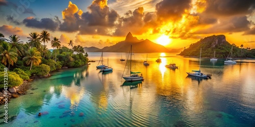French Polynesia Lagoon Sunset: Sailboats Anchored Near Island Shore, Calm Tropical Paradise