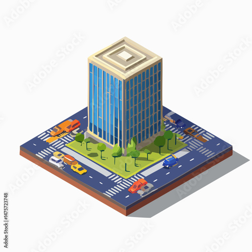 Isometric Skyscraper in Urban City Block with Traffic Flow vector illustration, 3d object. The concept of leisure and travel, office building and trees1