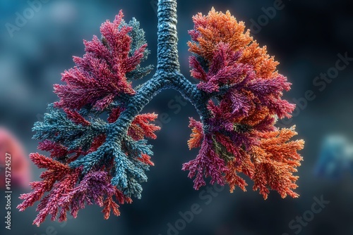 Intricate Render of a Colorful Tree-Like Structure Resembling Lungs with Vibrant Foliage Against a Soft Focused Background