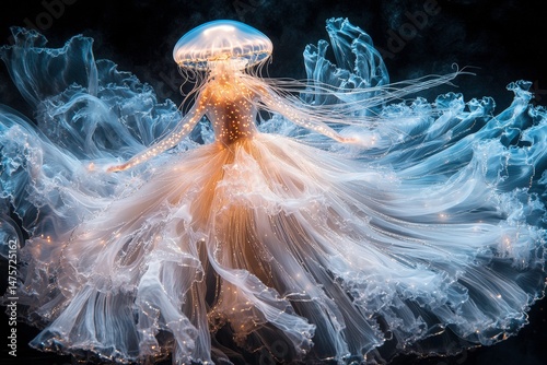 Ethereal Jellyfish Dancer in Flowing Dress of Light and Motion, Captivating Elegance Underwater Scene with Soft Glow and Dreamy Atmosphere