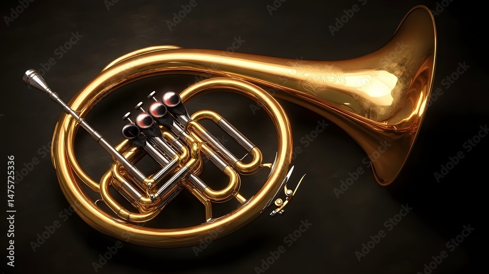 Obraz premium Polished brass instrument on dark background.