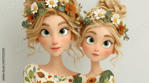 Two Young Women with Floral Hair Accessories Smiling Cheerfully Together in a Bright, Whimsical Setting, Embracing Nature and Friendship