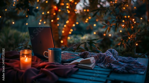 Laptop, coffee mug, book, candle, and blanket on outdoor table at night in a cozy autumn scene with holiday lights. Concept of comfort, relaxation, work from home, or leisure.