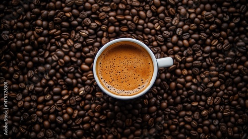 Top view of a white cup with espresso forming crema foam bubbles floating in a background of coffee beans. Aromatic beverage concept great for cafe menu backdrop.