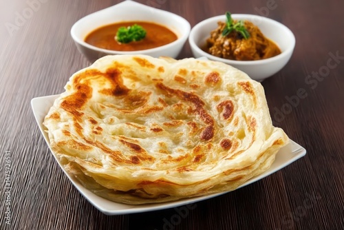 Roti Parata or Roti canai with lamb curry sauce
