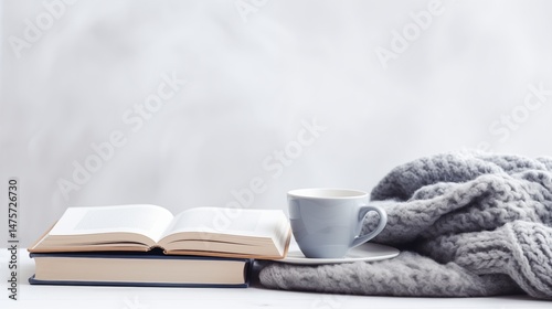 Open book on stacked books with a cup of coffee next to a warm knitted scarf on a white table. Cozy reading and relaxation concept.