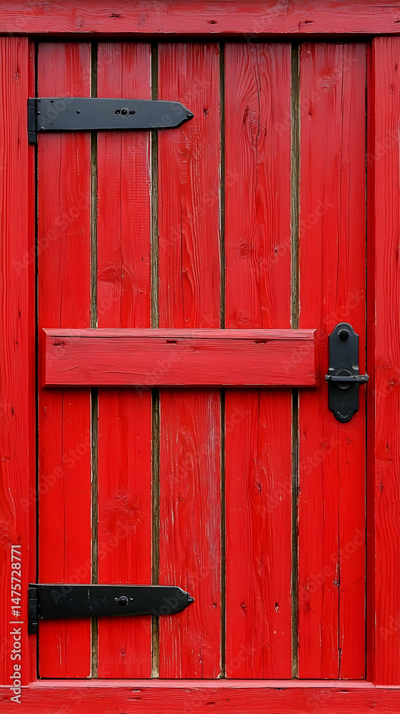Red wooden door with black hinges, rustic style, garden setting, background blurred Red wooden door with black hinges, rustic style, garden setting, background blurred