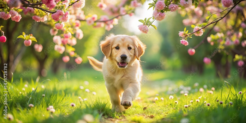 Golden Retriever Puppy in Apple Blossom Tree, Sunny Summer Drone Photo Golden Retriever Puppy in Apple Blossom Tree, Sunny Summer Drone Photo