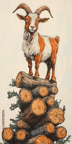 Illustration of a Goat Standing Proudly on a Stack of Logs Surrounded by Greenery in a Detailed Artistic Style for Nature and Farm-Themed Projects