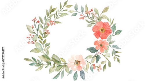 Fototapeta Naklejka Na Ścianę i Meble -  Floral Wreath with Watercolor Flowers and Leaves isolated on transparent png
