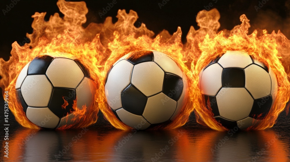 Naklejka premium Three soccer balls engulfed in flames, creating an intense and dynamic visual that captures the spirit of competition and athleticism in sports.