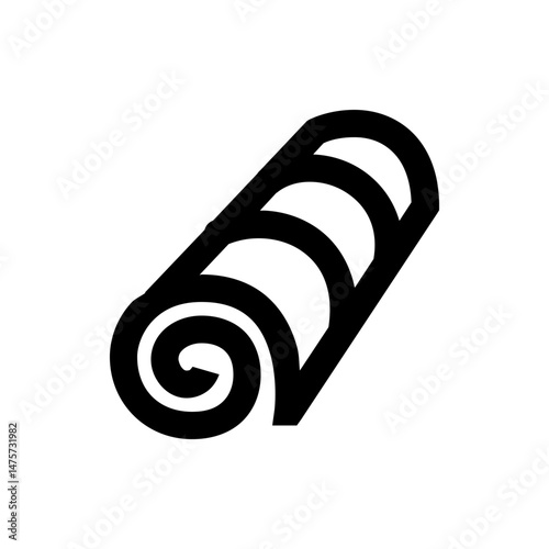 Stylized illustration of a rolled object with a spiral end and curved layers in black and white design