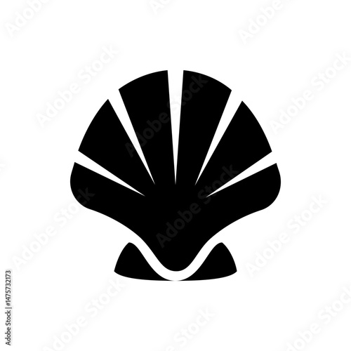 Illustration of a scallop shell with radial lines emanating from the center in a solid black silhouette