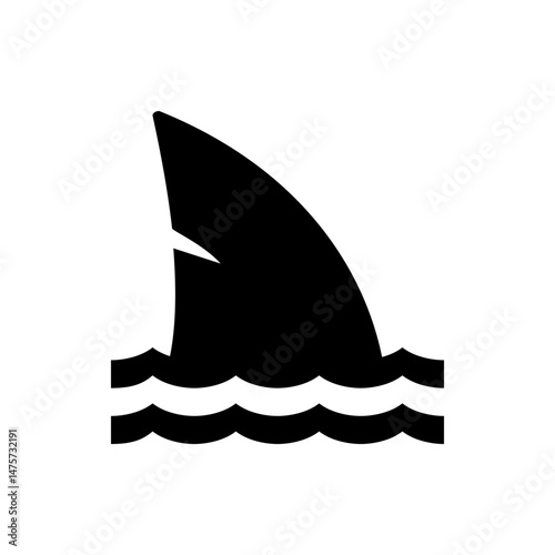Silhouette of a shark fin protruding from the water with visible waves in a simple black and white design