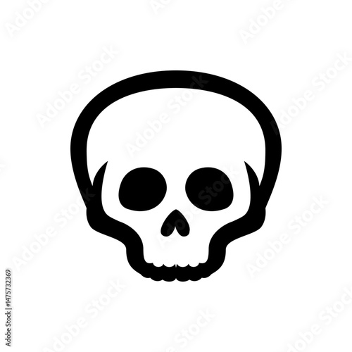 Illustration of a stylized skull with rounded features and prominent eye sockets in black and white design