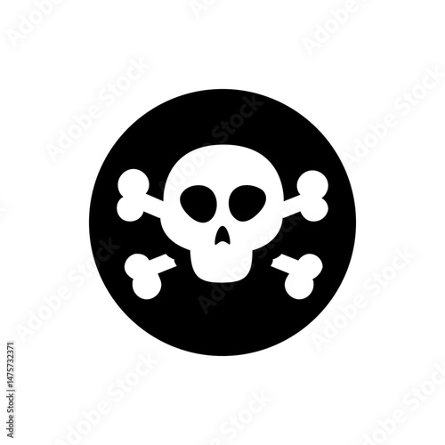 White skull and crossbones symbol on a black circle background representing danger or warning sign icon