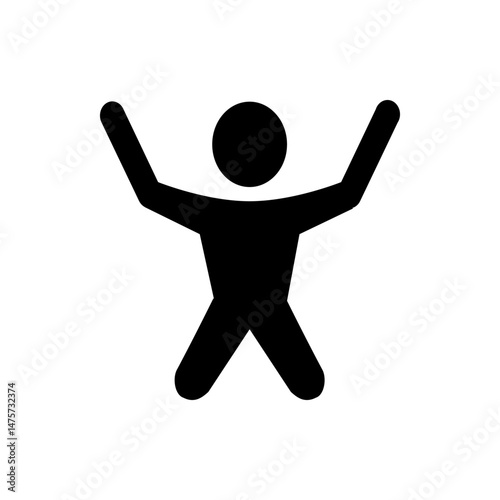 Silhouette of a person with arms raised and legs apart in a celebratory or excited pose on a white background