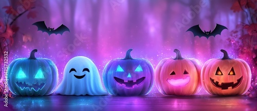 Colorful Halloween Scene with Ghost, Pumpkins, Bats, and Spooky Atmosphere for Festive Celebrations and Seasonal Decorations